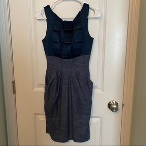 Navy Blue high-neck dress with ruffle detail